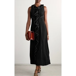 NWT Ulla Johnson Black Lille Ruffled Trim Crepe Midi Dress Dress Womens Size 2 - Picture 1 of 9