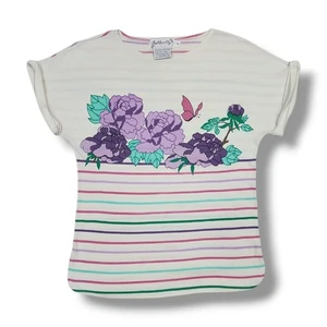 Vintage Butterfly White With Strips & Floral  Short Sleeve T Shirt Women’s Small - Picture 1 of 7