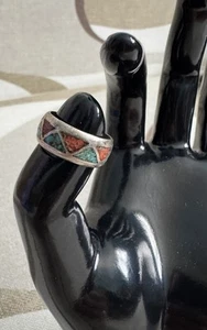 Size 5 Native American Handmade Sterling Silver Turquoise Coral Chip Inlay Ring - Picture 1 of 11