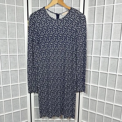 Vestido feminino Tory Burch pequeno fosco jersey azul marinho branco gola redonda ajustado preppy - Imagem 1 de 4