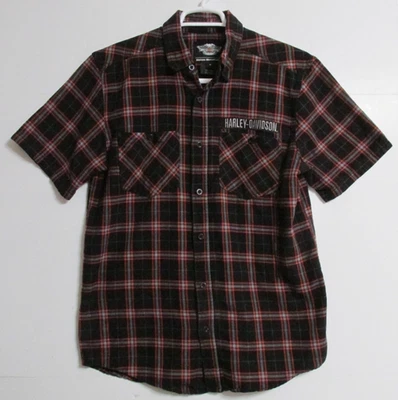 Camisa de franela manga corta abotonada Harley Davidson negra talla MEDIANA para hombre Foto 1 de 4