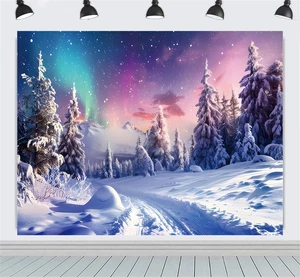 Winter Aurora verschneiter Wald Hintergrund für Fotografie Stoff 10 x 8 Fuß Weihnachten Winter - Bild 1 von 8