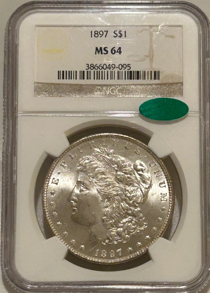 Dólar de plata Morgan 1897 P NGC MS64 CAC verde mejor fecha/tono reverso Foto 1 de 4