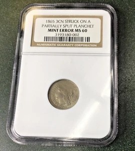 1865 Three Cent Nickel 3CN MINT ERROR STRUCK ON SPLIT PLANCHET w/BLAKESLY EFFECT - Picture 1 of 23