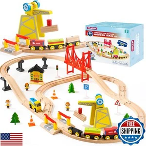60PCS Montessori Wooden Train Set - Construction Express, Engineering Railway - Picture 1 of 5