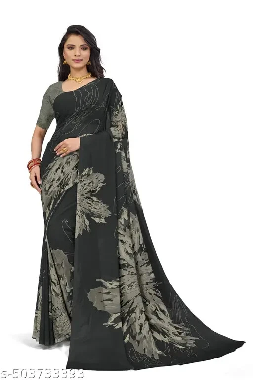 Sari de poliéster estampado floral para mujer con pieza de blusa sin costuras Foto 1 de 1