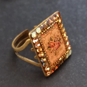 Michal Negrin Ring Romantic Roses Square Victorian Revival Crystals Retro VTG 8 - Picture 1 of 16