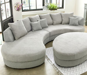 Lounge Sofa Wohnlandschaft Rundecke Stoff Cord silber Limoncello OTL
