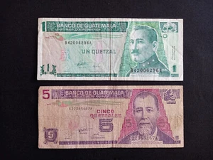GUATEMALA 1 (1996) + 5 (1995) QUETZALES Banknotes - Circculate - Picture 1 of 2
