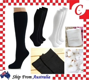 Cotton Long School Knee High Black White Navy Blue Socks Men Women Boys Girls - Picture 1 of 11