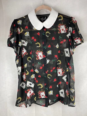 Camisa Hell Bunny Abotonada Manga Gorra Tarjetas Negra TALLA L UK 14 Retro Transparente Foto 1 de 4