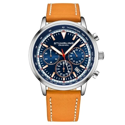 Reloj para hombre Stuhrling 44 mm movimiento muscular cronógrafo 9,5 mm correa de cuero Foto 1 de 3