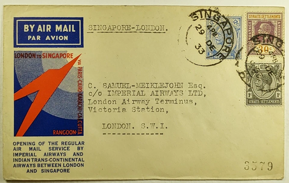 Primer vuelo correo aéreo 1933 cubierta estrechos asentamientos Singapur a Londres Inglaterra Foto 1 de 2