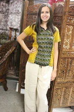 Boho Beige Pant Natural Cotton, Yellow Black Blouse Shirt Embroidered Tunic 2 PC