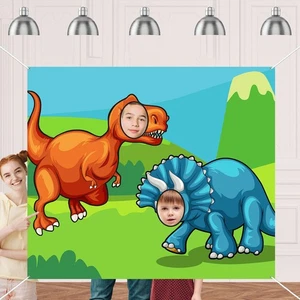 Cute Cartoon Dinosaur Triceratops Banner Backdrop T-Rex Face Pretend Play Par... - Foto 1 di 7