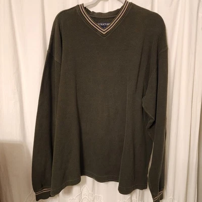 Vintage XL Structure Sweater 80s-90s Cotton USA Green V-Neck Express - Image 1 of 4