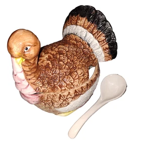 Cuenco de salsa de cerámica de pavo de colección con tapa y cuchara decoración de mesa de acción de gracias - Imagen 1 de 7