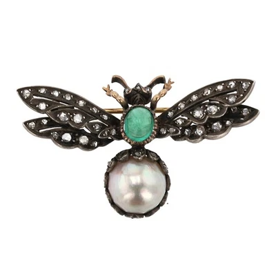 Victorian Diamond Emerald Pearl Bee Pin Brooch - Image 1 of 4