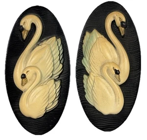 Vintage MILLER STUDIO 1960s Chalk Ware Swan Wall Plaques White On Dark Brown - Picture 1 of 6