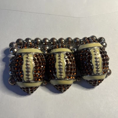 Gold tone 3 Topaz Crystal Enamel Footballs large Stretch Bracelet Super Fun! - Image 1 of 4