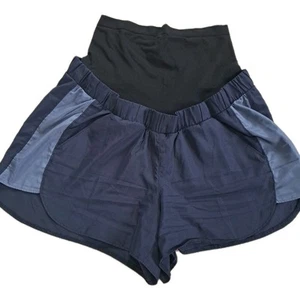 Sonoma Maternity L Athletic Polyester Shorts Pockets Full Belly Panel Black Blue - Picture 1 of 5