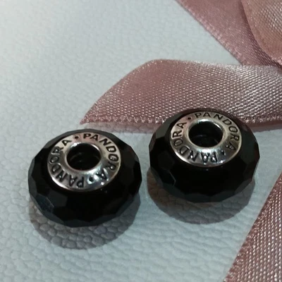Genuine Pandora Black Fascinating Faceted Murano Bead Charm ALE 925 x2 #791069 — 第 1/4 张图片