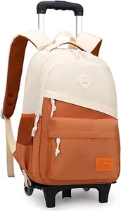 Youth Unisex backpack With Six Wheels Trolly Beige Brown Elemetry School - Picture 1 of 5