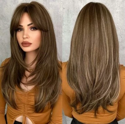 Peluca - Mezcla de Cabello Humano - Largo Recto Capas Marrón Oscuro Brazalete Resistente al Calor Foto 1 de 4