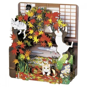 3D puzzle Paper Craft -  Shadowbox Cat (Autumn Foliage) - Made In Japan - Picture 1 of 8