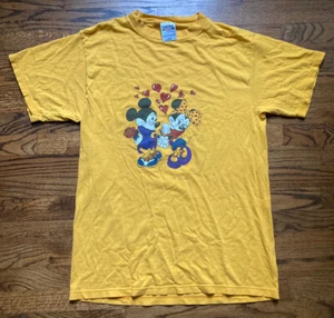 Vintage 90s Mickey & Minnie Mouse T Shirt Large Love Hearts Disney Tultex Yellow - Picture 1 of 6