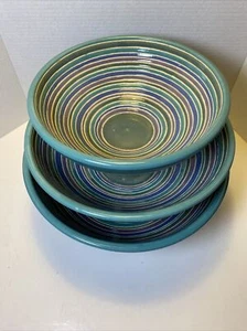 Vintage Set of 3 Handmade Art Pottery Mixing Nesting Bowls Blue Purple Green - Picture 1 of 12