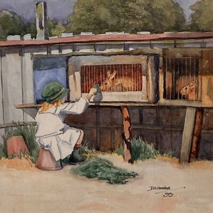 Antique Watercolour Young Girl Feeding Rabbits 1919 by D. A. Henshall - Picture 1 of 5