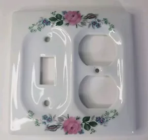 Vtg Double Porcelain Floral Blue Pink Flowers Light & Outlet Switch Plate Cover - Picture 1 of 4