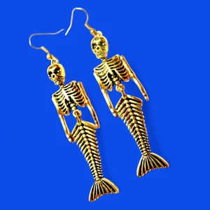 HYPOALLERGENIC GOLDEN MERMAID SKELETON EARRINGS siren ocean steampunk punk J1 - Picture 1 of 3