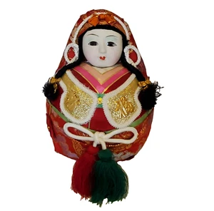 Vintage Japanese Wedding Doll Roly Poly Hime Daruma Brocade Painted Face 9" tall - Picture 1 of 5