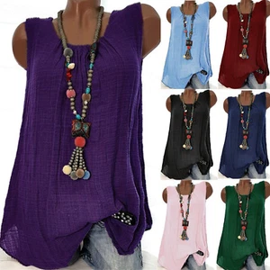 Women Cotton Linen Sleeveless Vest T-shirt Blouse Tunic Shirt Tank Top Plus Size - Picture 1 of 17