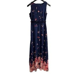 R K Originals Maxi Dress Womens 4 Blue Pink Floral Chiffon Pleated Cottagecore - Picture 1 of 10