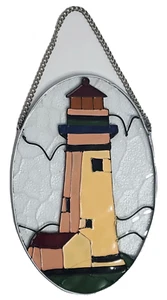 Lighthouse Stained Glass Oval Window Hanging Suncatcher 4x6" Beige Multicolor - Picture 1 of 9