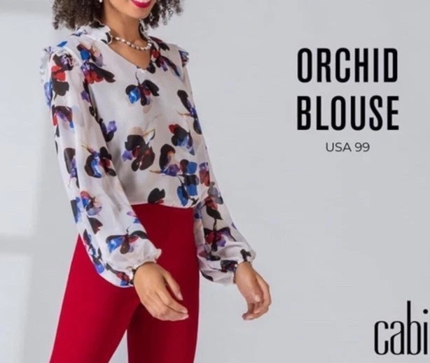 Blusa CAbi Orquídea Estilo 4426 Transparente Floral Volantes Cuello Manga Globo Talla L Foto 1 de 4