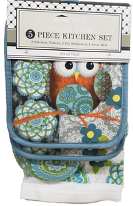 5pc Kitchen Set: 2 Pot Holders, 2 Towels & 1 Oven Mitt, AN OWL & FLOWERS, HP - Picture 1 of 6