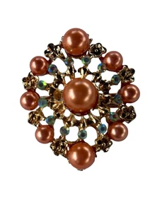 Broche prendedor vintage de diamantes de imitación tono naranja perla tono dorado - Imagen 1 de 11