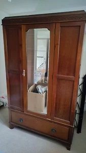 Antique Wooden Wardrobe With Decorative Panels & 1 Lockable Drawer - Edwardian? - Picture 1 of 8