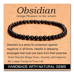 Black Obsidian - Stone of Pleasure - Handmade Yoga Stretch Elastic Bracelet Natu - Picture 1 of 12