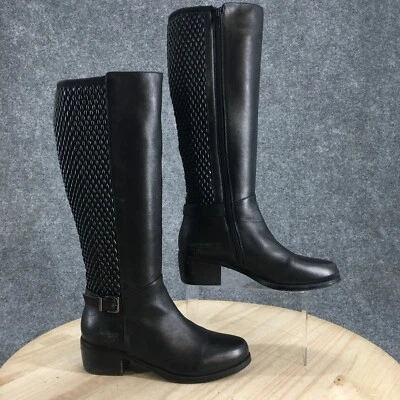 Van Eli Boots Womens 7.5 M Valyn Tall Riding Black Leather Side Zip Block Heels - Image 1 of 4
