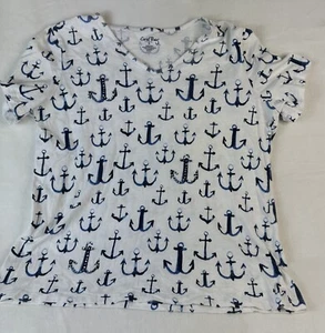 Coral Bay Damen weiß mit Ankern Allover Kurzarm T-Shirt Größe Large - Bild 1 von 9