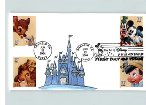 DISNEY CASTLE Hand painted on The Art of Disney FDC; Lion King, Bambi, Pinocchio - Picture 1 of 1
