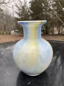 Czech Style Glass Hand Blown Vase Yellow Blue Speckled Vintage 9” - Picture 1 of 4