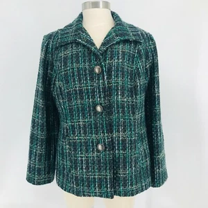 Chico's Women's Jacket 3 Boucle Green Black White Classic Size 2 Buttons - Picture 1 of 7