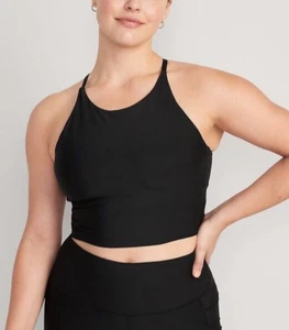 Old Navy Womens 2X PowerSoft Longline Sports Bra Light Support Black Scoop Neck - Picture 1 of 9