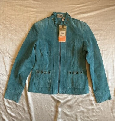 CHAQUETA DE CUERO DE GAMUZA TALLADA CON VOLANTES NUEVA CON ETIQUETAS Abrigo Verde Azulado Talla Pequeña Foto 1 de 4